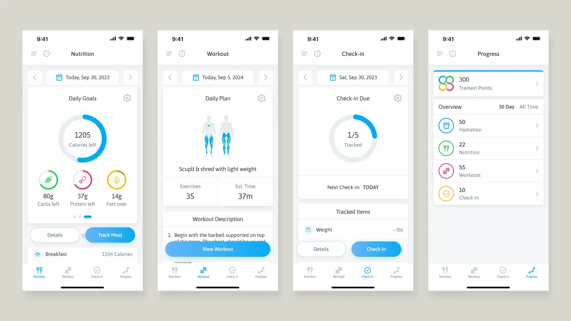 Trainest before: four separate tab screens, Nutrition, Workout, Check-in and Progress, each with its own tab in the bottom bar