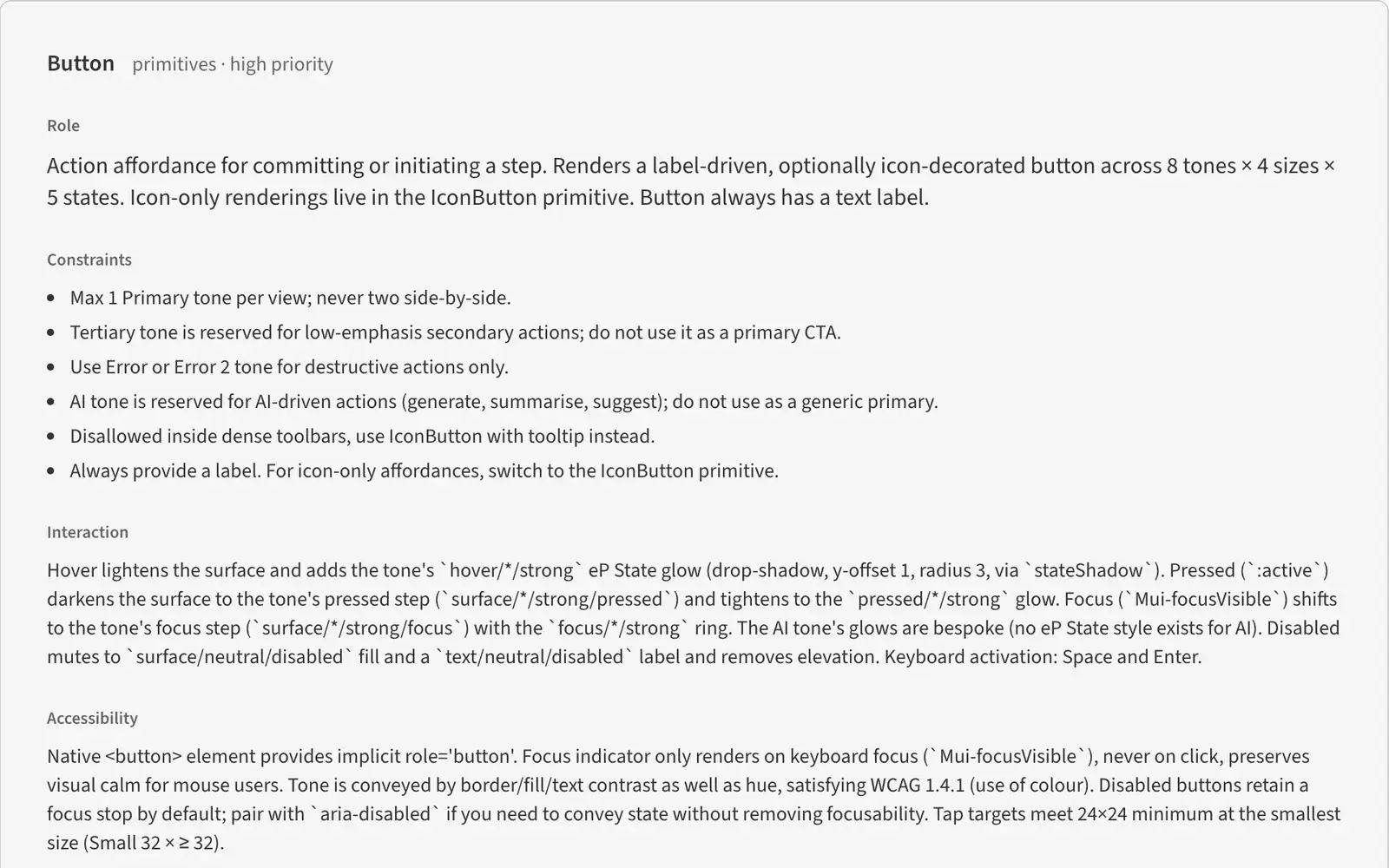 The button’s description in the playground, with its role, six constraints such as one primary button per view, how it behaves on hover, press and focus, and its accessibility notes