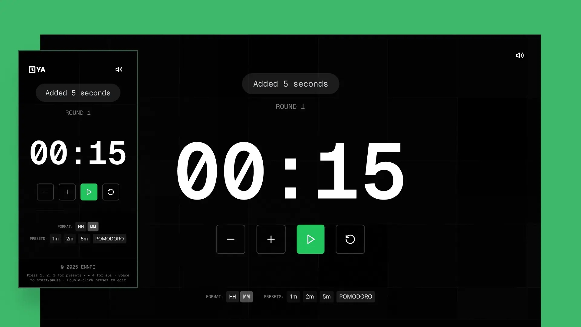 An “Added 5 seconds” toast above the paused timer at 00:15, on desktop and mobile