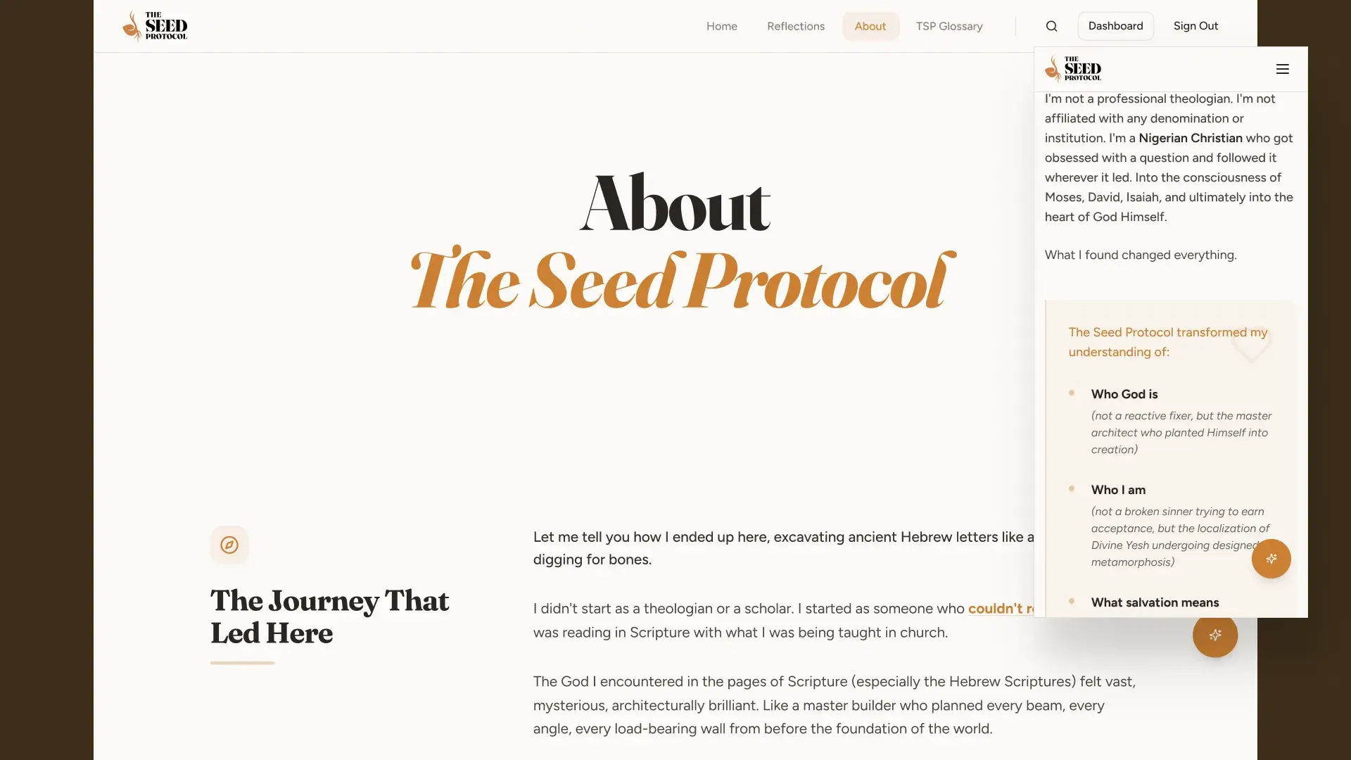 The About page, headed About The Seed Protocol, with The Journey That Led Here below, on desktop and mobile