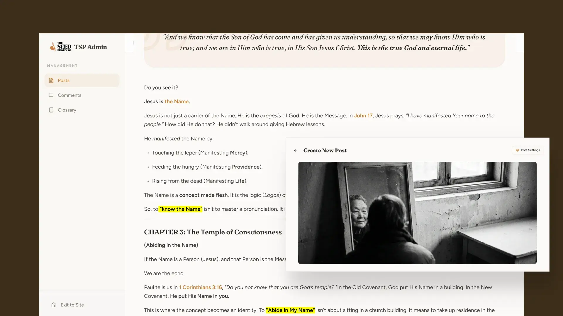 The admin post editor showing a sermon’s rich text with highlighted phrases, and the Create New Post panel with a cover image