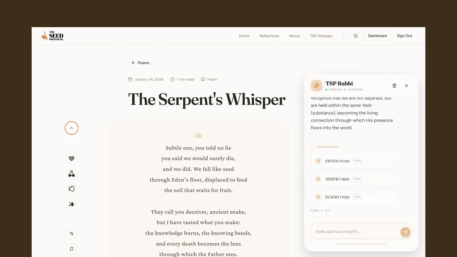 The poem The Serpent’s Whisper in centred verse under a floral dingbat, with the TSP Rabbi’s glossary footnotes alongside