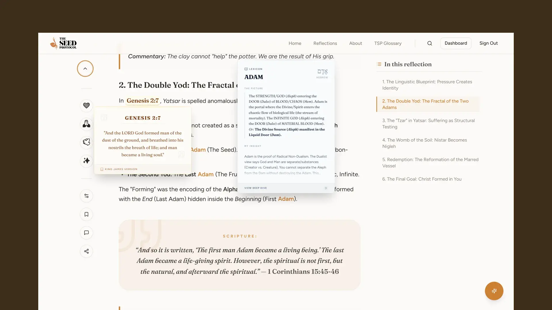 A sermon with a King James Version card for Genesis 2:7 and a lexicon popover for Adam open over the text, beside the In this reflection contents