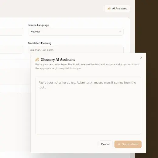 The Glossary AI Assistant open over the glossary entry form, ready to section pasted notes into fields