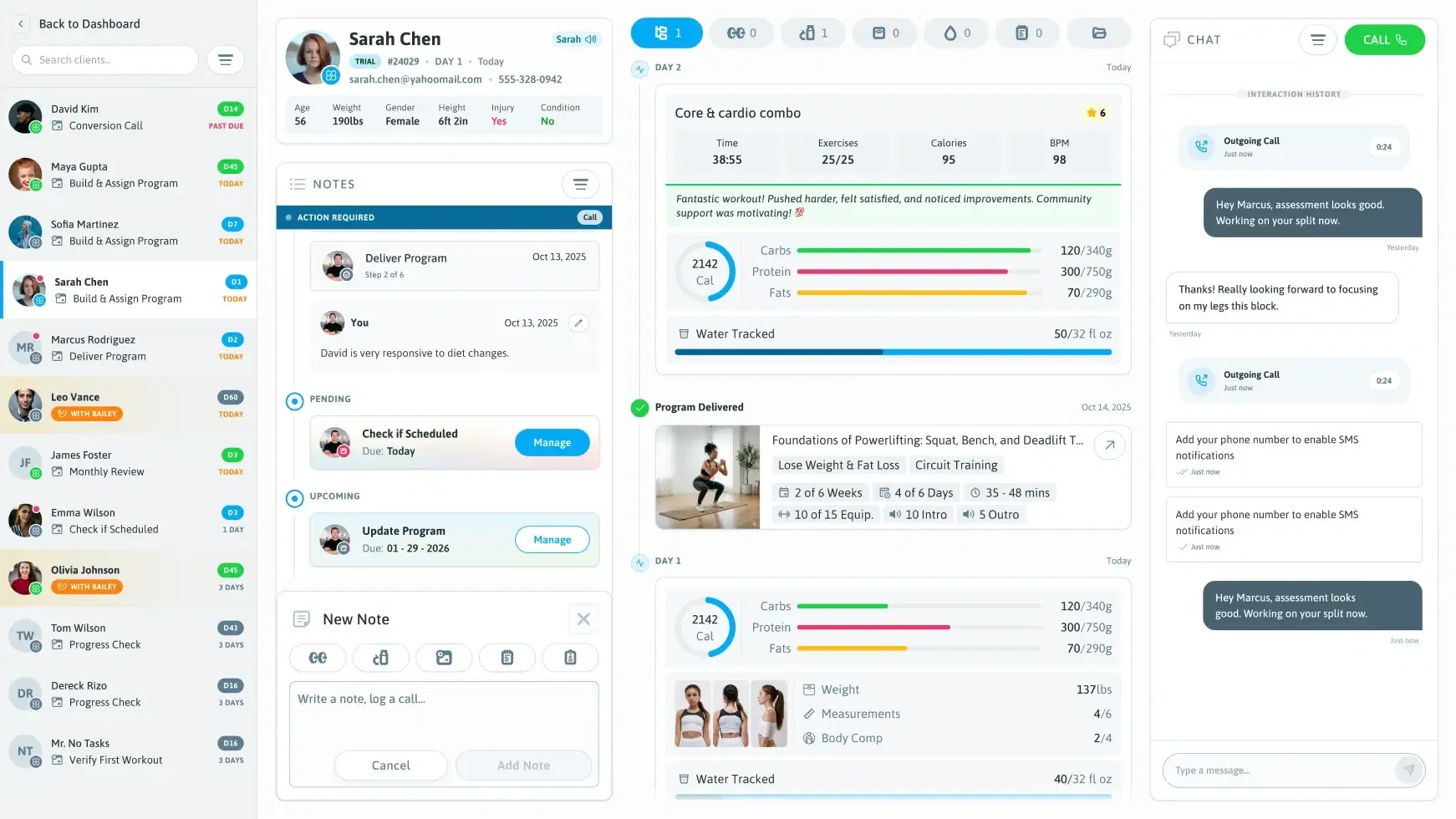 Trainest trainer platform: a client sidebar with day and priority badges, a client profile with notes and tasks, and a day by day performance panel