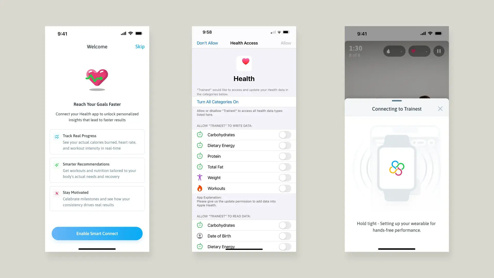 Trainest Smart Connect: a Reach Your Goals Faster screen, then Apple’s Health access sheet, then Connecting to Trainest