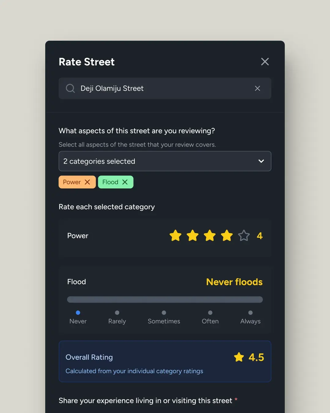 Spotta review form, version 2: a rating for each category and a calculated overall