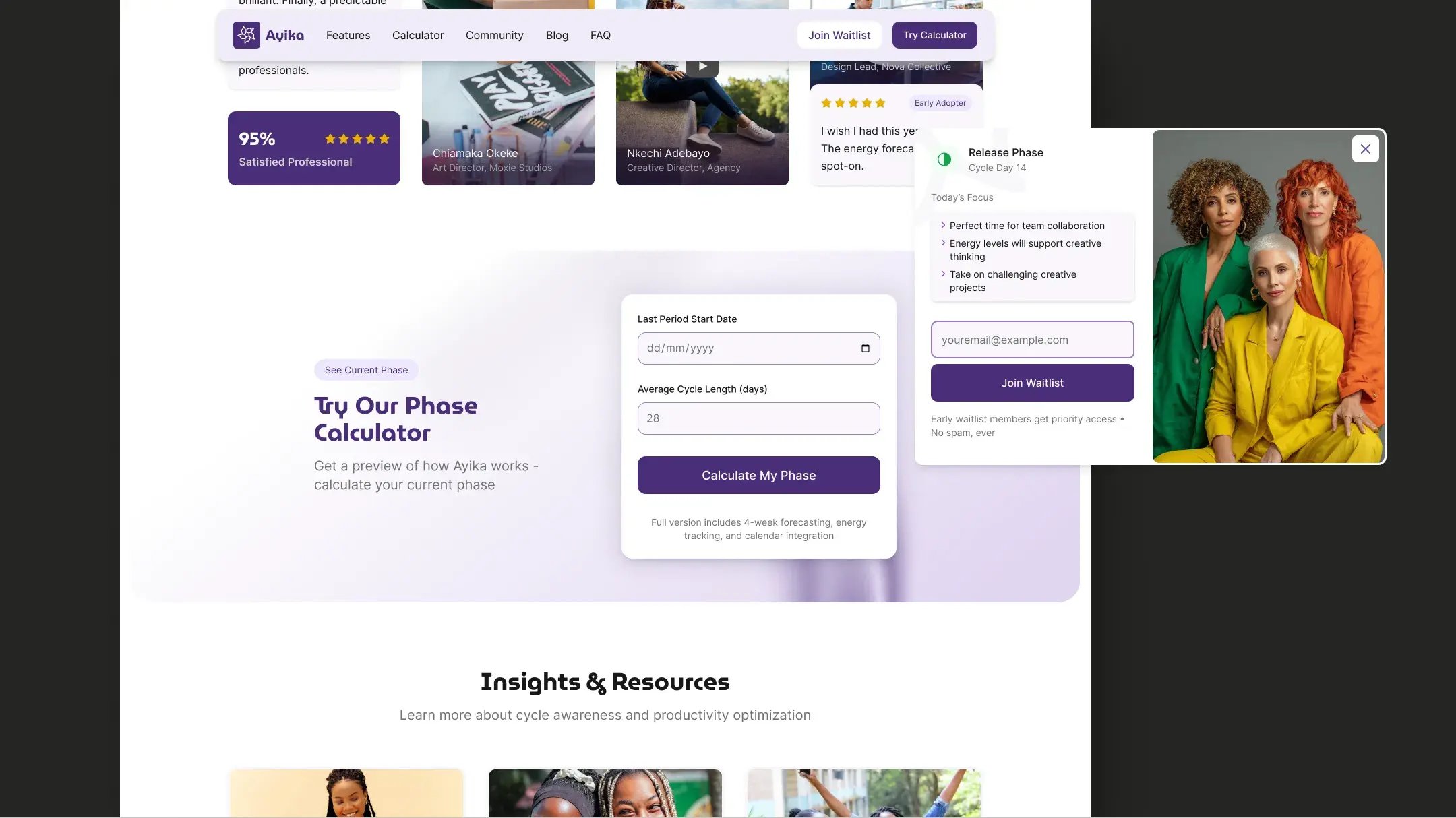 The Ayika website’s phase calculator beside a Release Phase result card with a Join Waitlist form