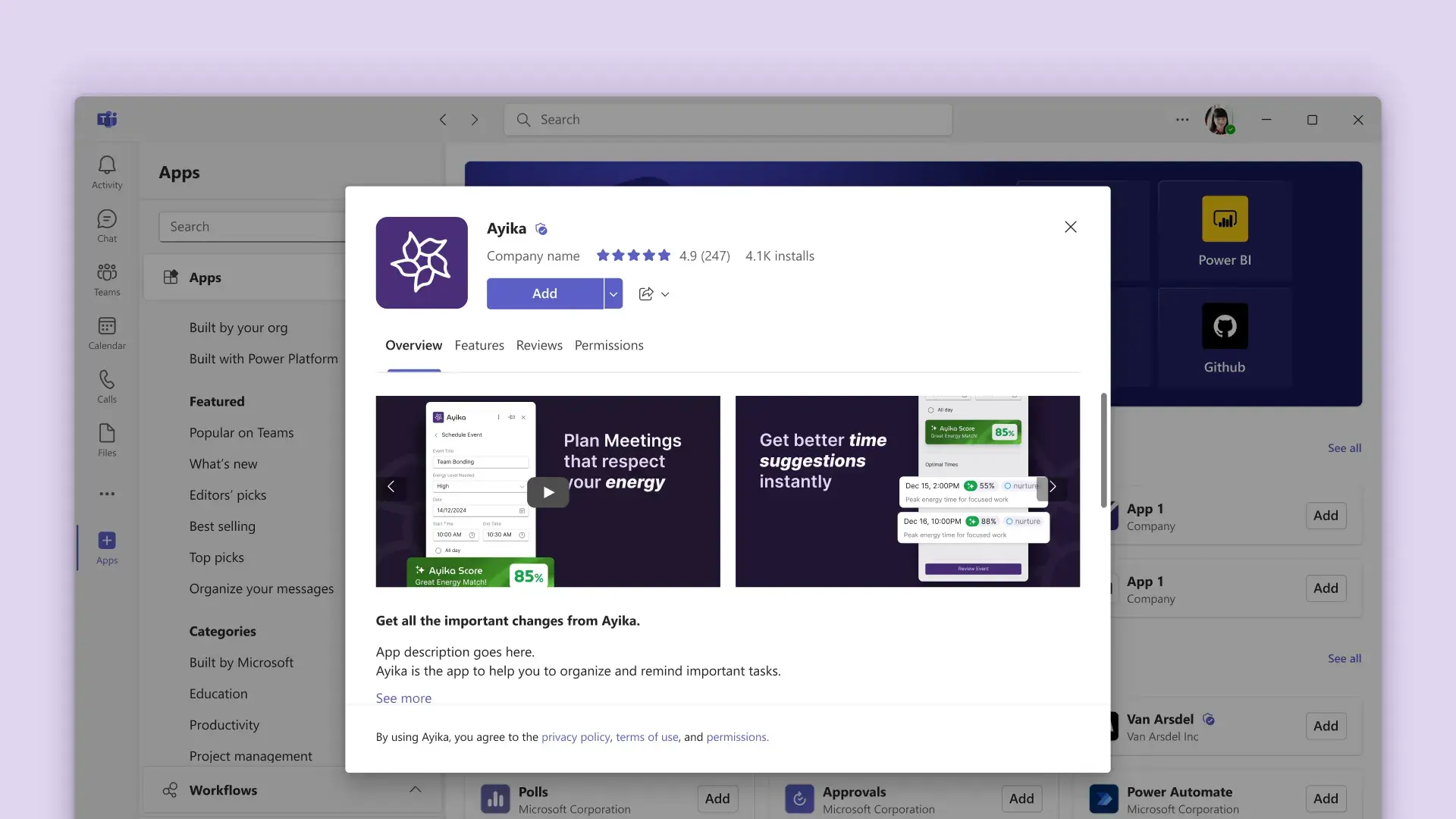 Ayika’s listing in the Microsoft Teams app store, with previews of an 85% Ayika Score and suggested better times