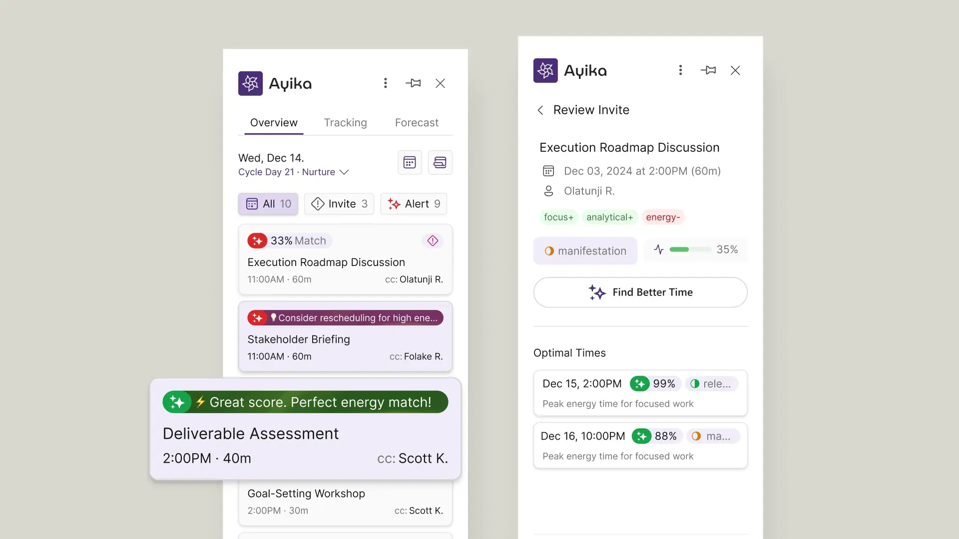 The Overview tab with match scores and rescheduling prompts on events, beside a Review Invite panel with Find Better Time and optimal times