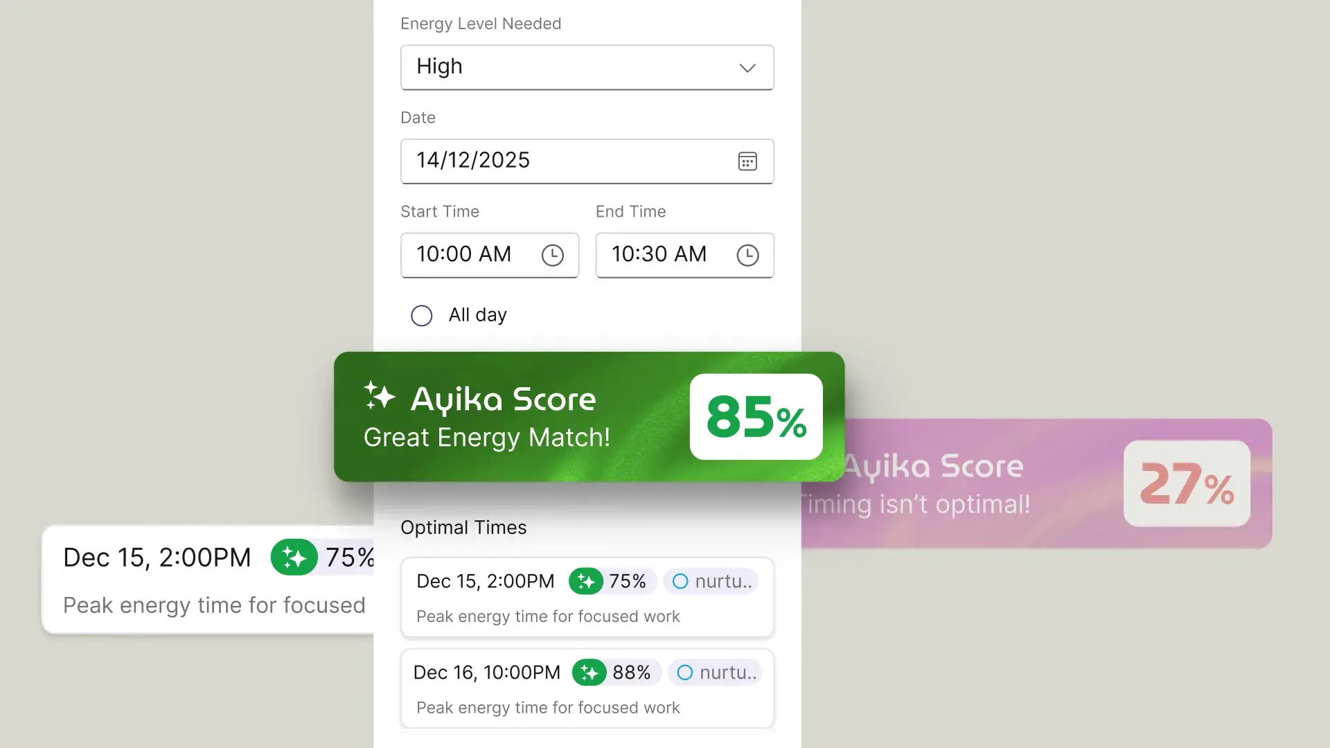 An event form showing an 85% Ayika Score, Great Energy Match, above a list of optimal times