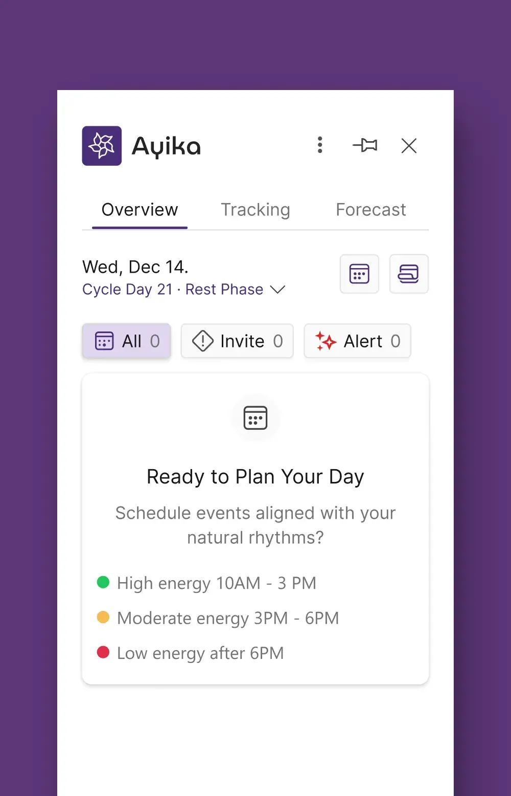 The Outlook add-in’s Overview tab, with Tracking and Forecast tabs, filter chips and a styled card of the day’s energy windows