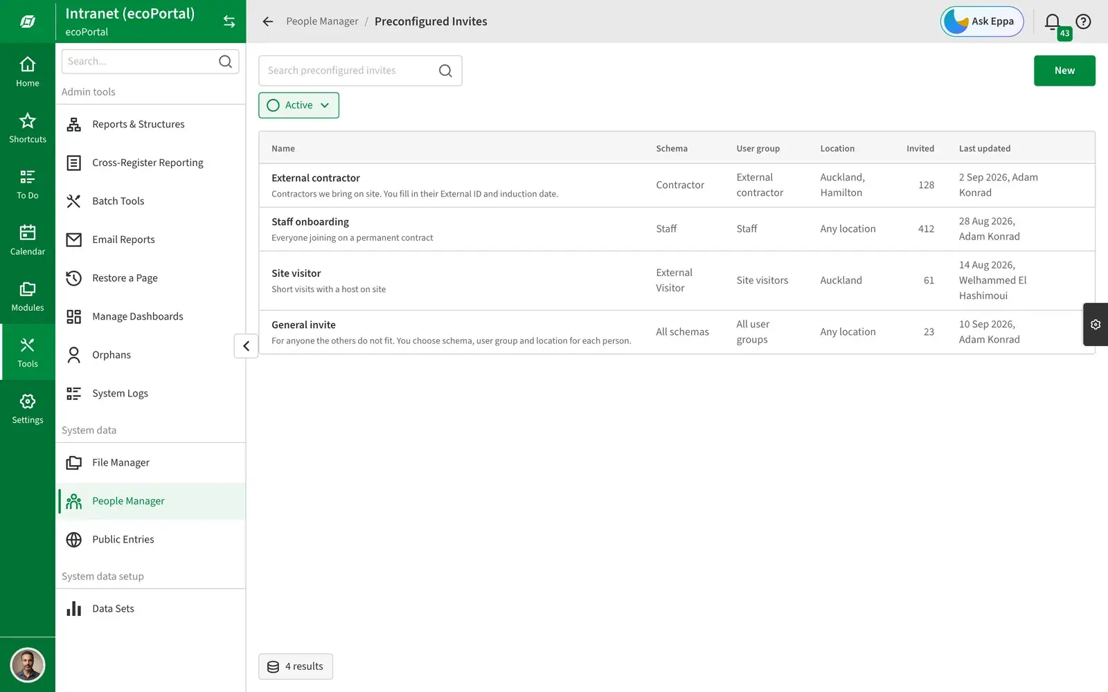 The list of preconfigured invites, such as external contractor, staff onboarding, site visitor and general invite, with their schema, user group, location and how many people each has invited