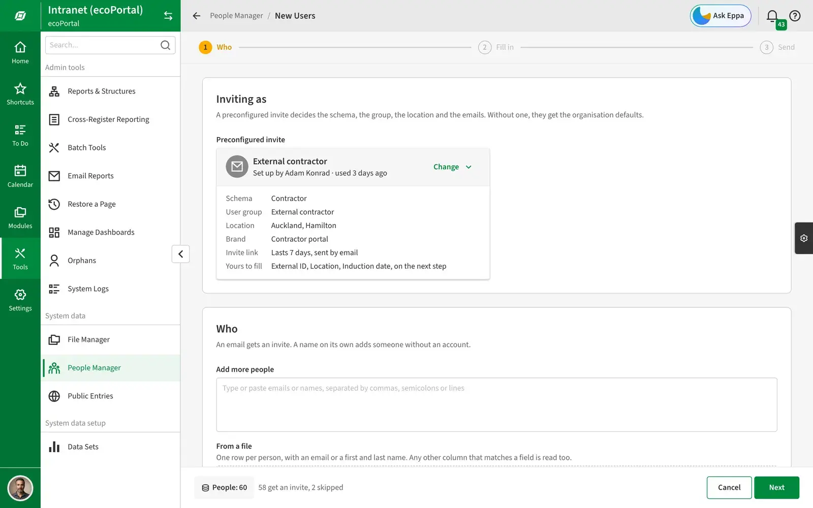 The first step of inviting people, with a preconfigured invite chosen and its schema, user group, location and invite link listed, and a count of 60 people, 58 to invite and 2 skipped