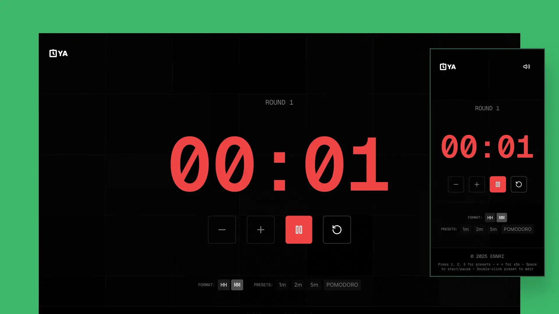 The timer at 00:01 in red, on desktop and mobile