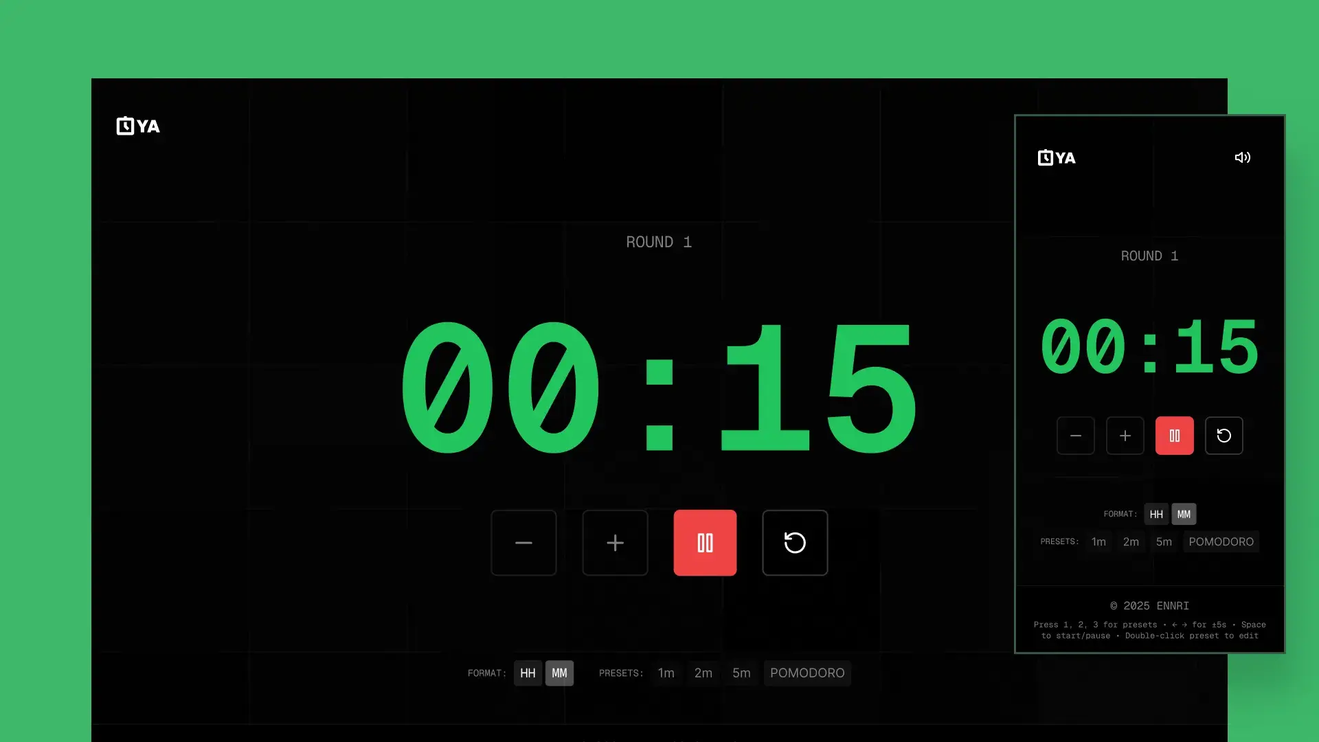 The timer running at 00:15 in green, with a red pause button in place of play, on desktop and mobile