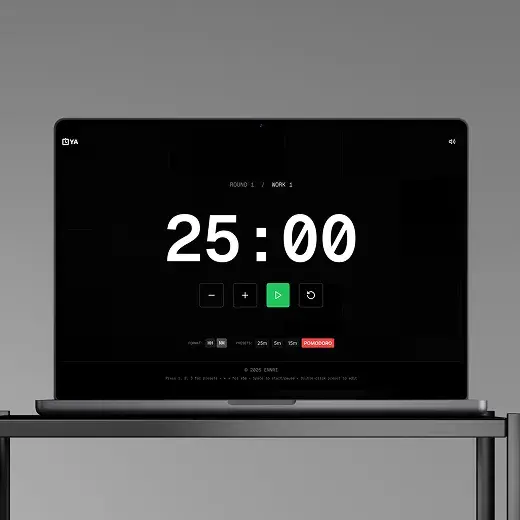 OYA in Pomodoro mode at 25:00 on a laptop, dark against a grey room