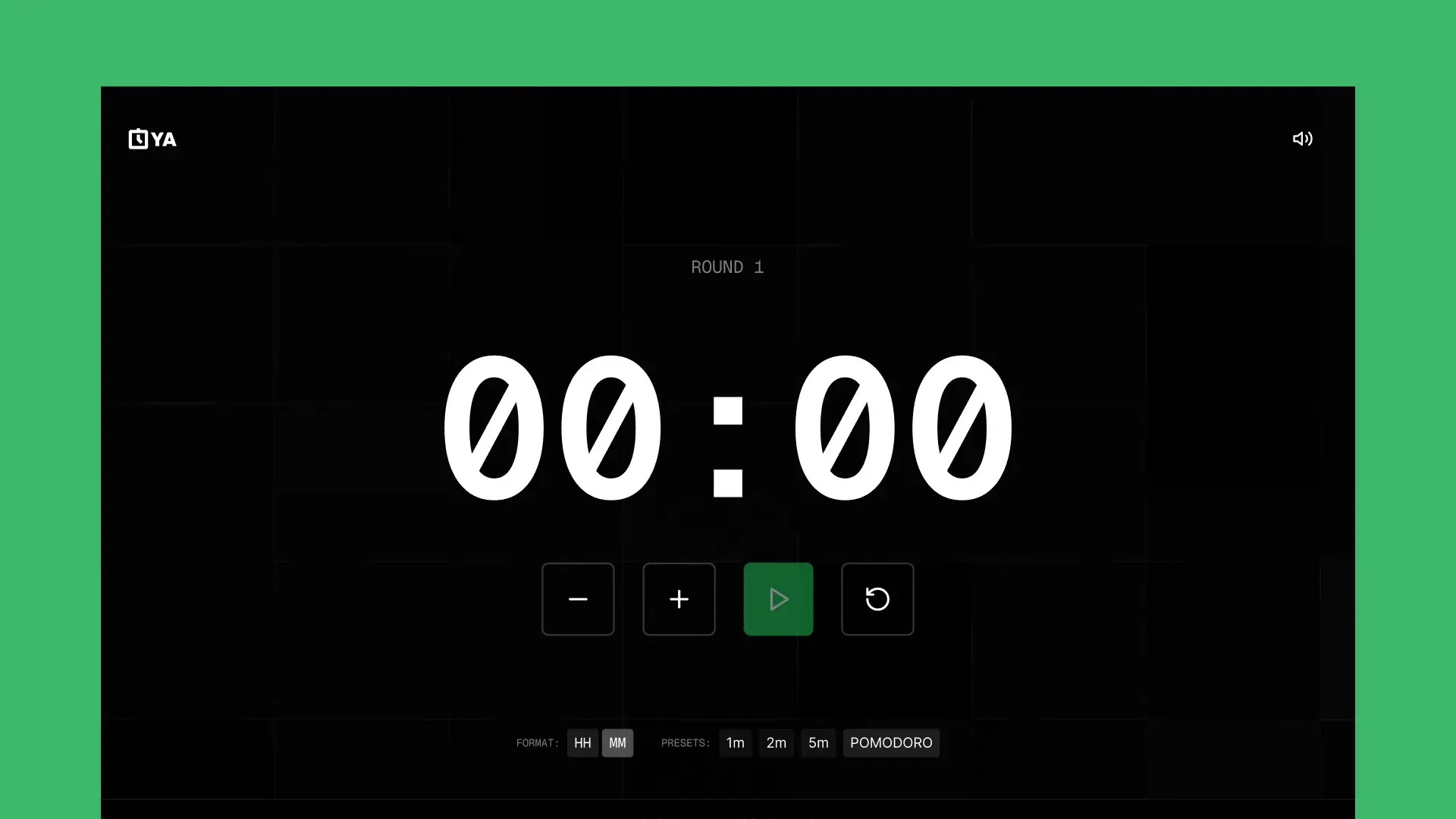 The OYA timer at rest, showing 00:00 above the minus, plus, play and reset buttons, with the format and preset options below