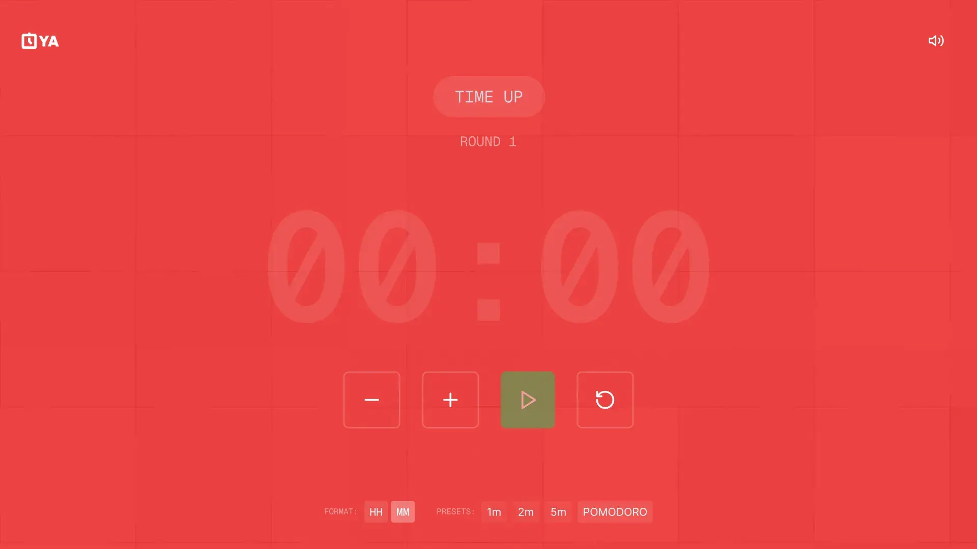 The whole screen flooded red, with a “Time up” badge above a faded 00:00
