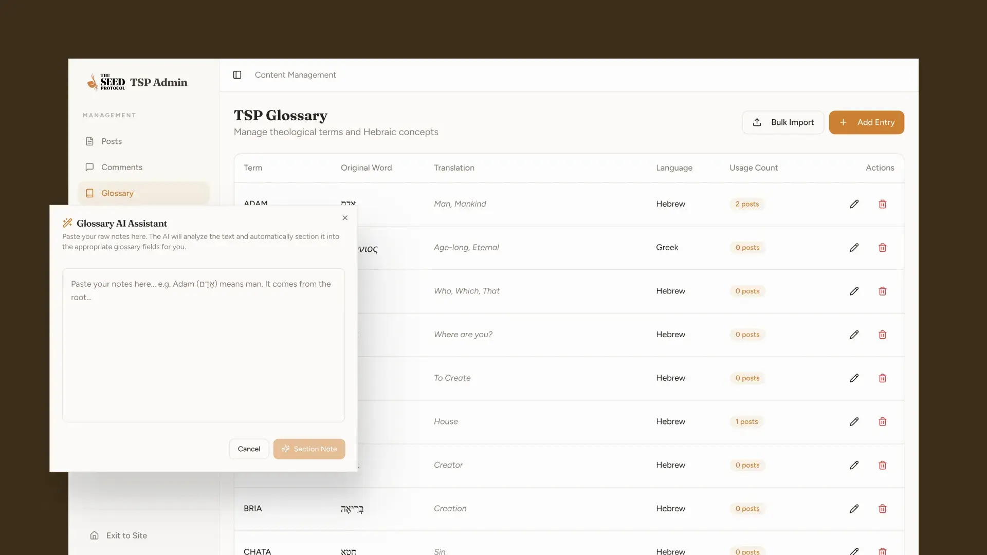 The TSP Glossary admin table of terms, languages and usage counts, with the Glossary AI Assistant open for pasting raw notes