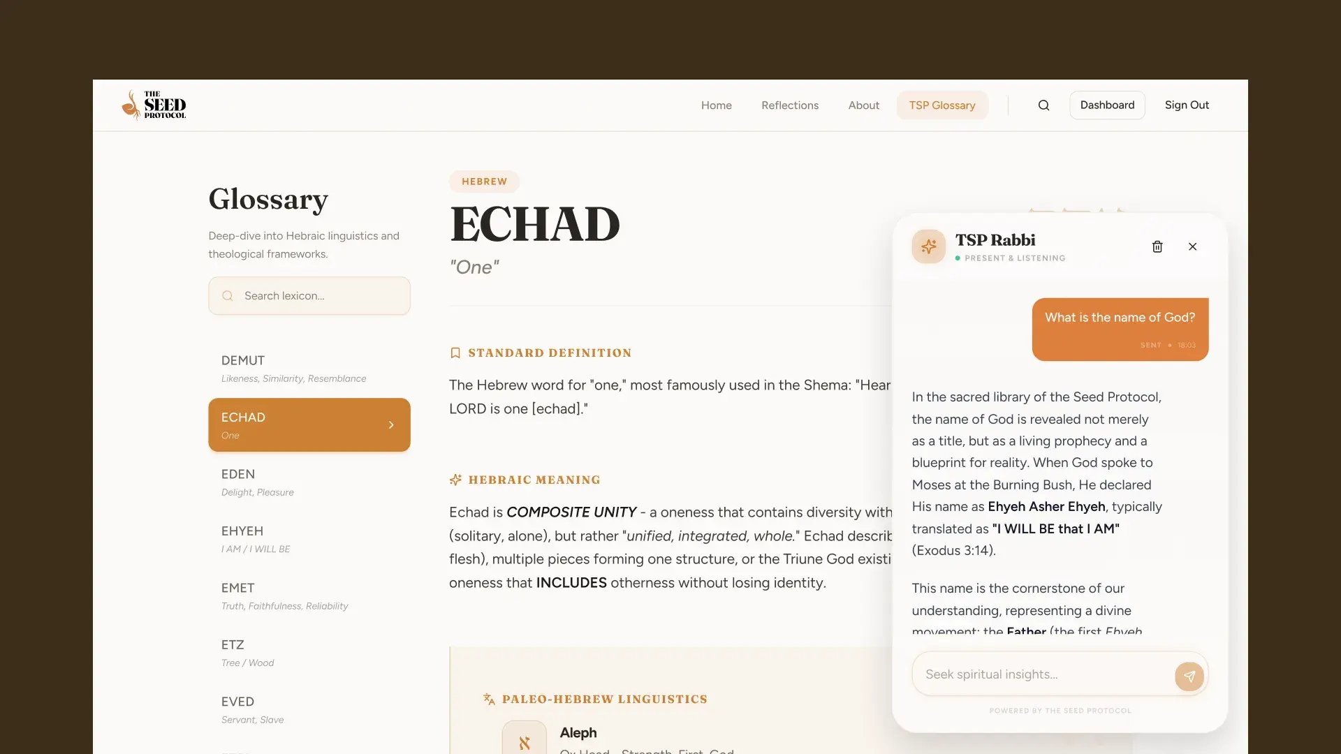 The TSP Rabbi chat open over the Echad glossary entry, answering a question about the name of God