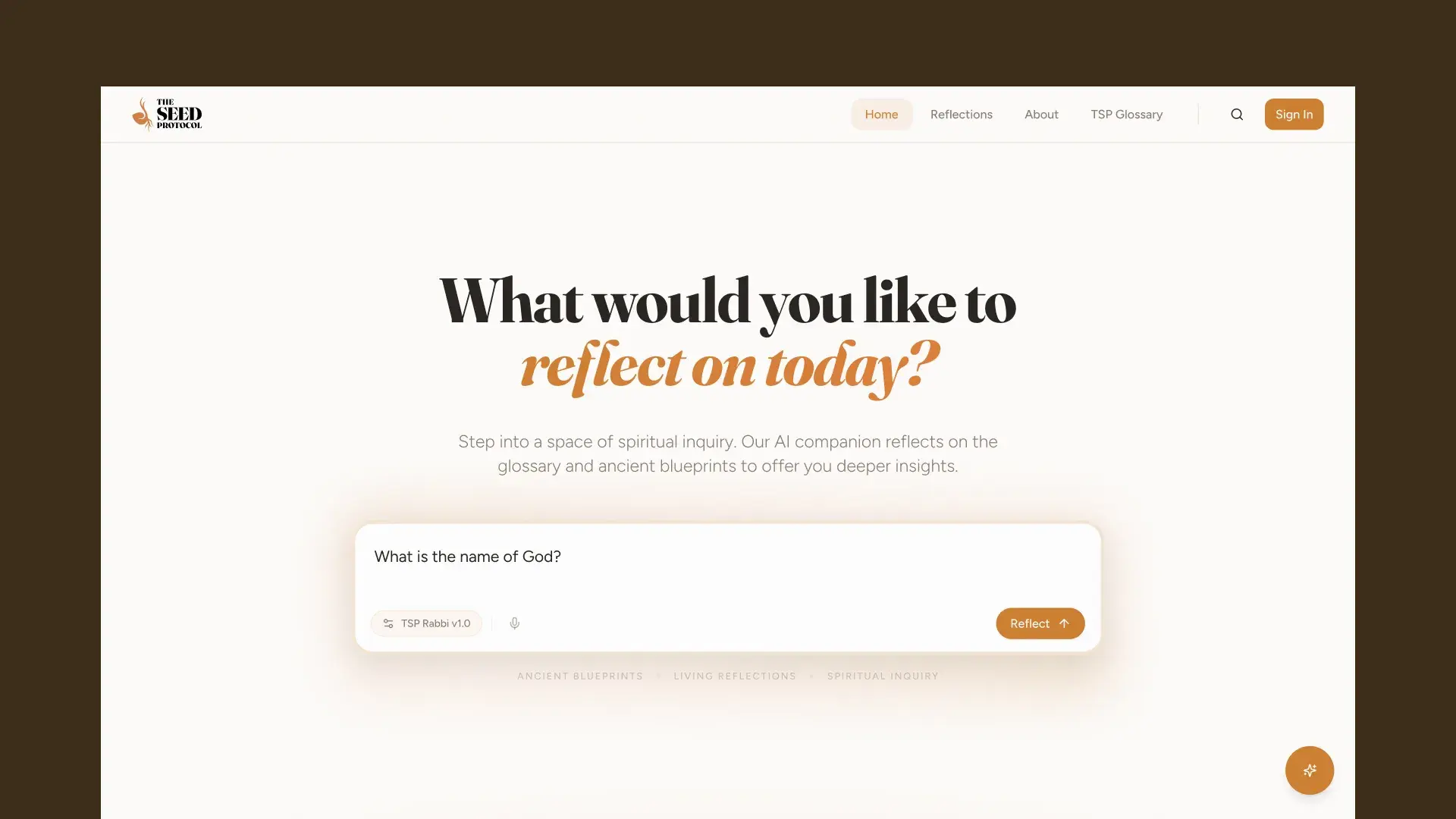 The homepage search box holding the question “What is the name of God?”, with the Reflect button now active