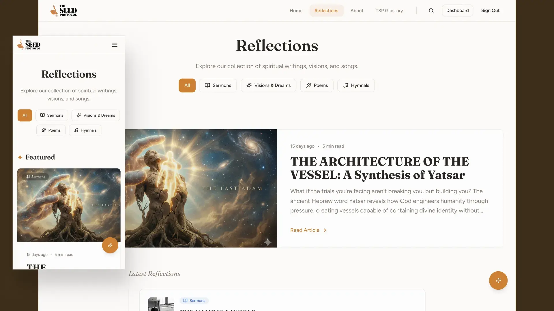 The Reflections library with filters for Sermons, Visions & Dreams, Poems and Hymnals above a featured article, on desktop and mobile