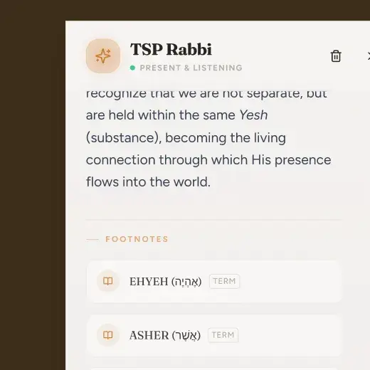 The TSP Rabbi chat with an answer followed by footnotes linking to the glossary terms Ehyeh and Asher