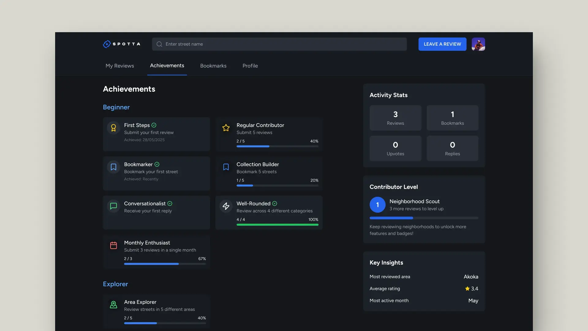 The Achievements page with Beginner and Explorer tiers and progress bars