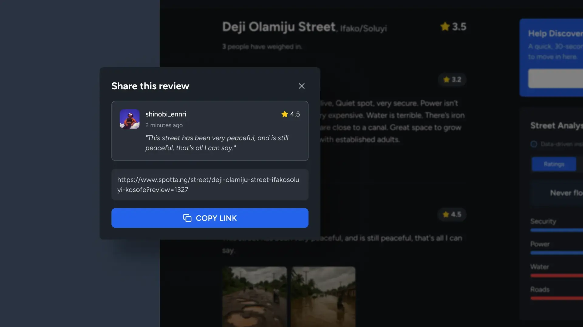 The share modal with a review preview card