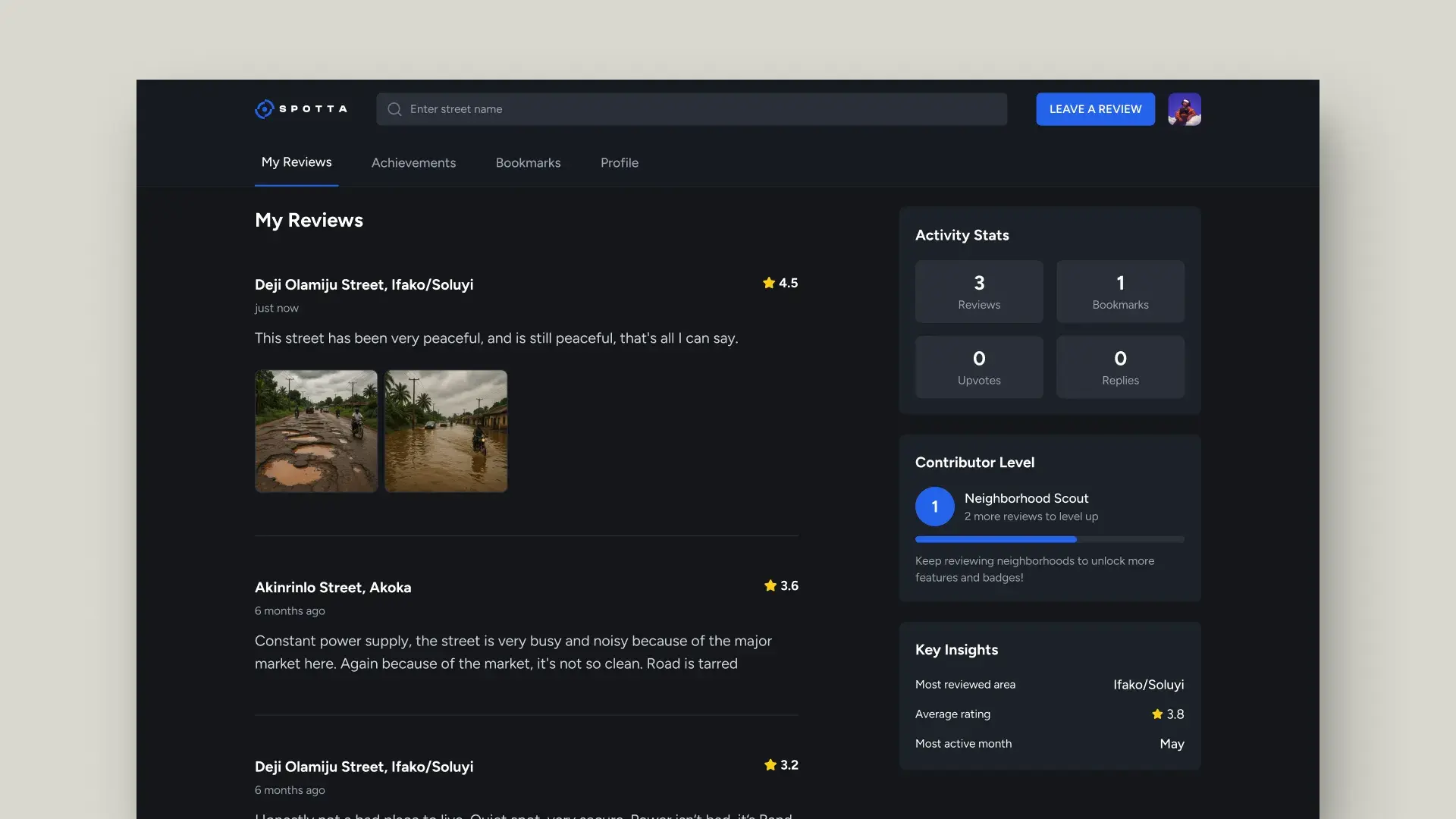 A Spotta profile on the My Reviews tab, with the Activity Stats sidebar