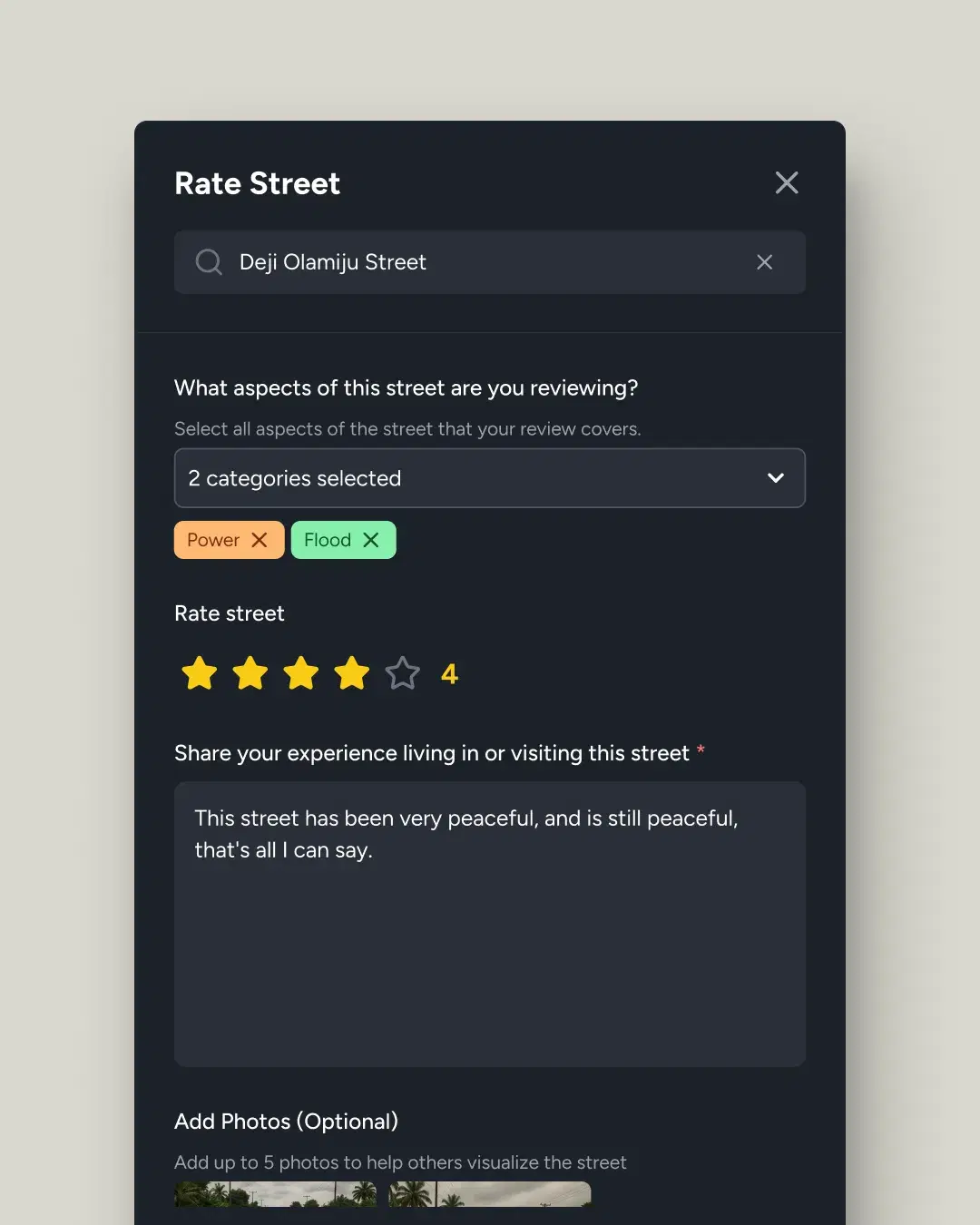 The first review form: category pills, one star rating and a discussion box