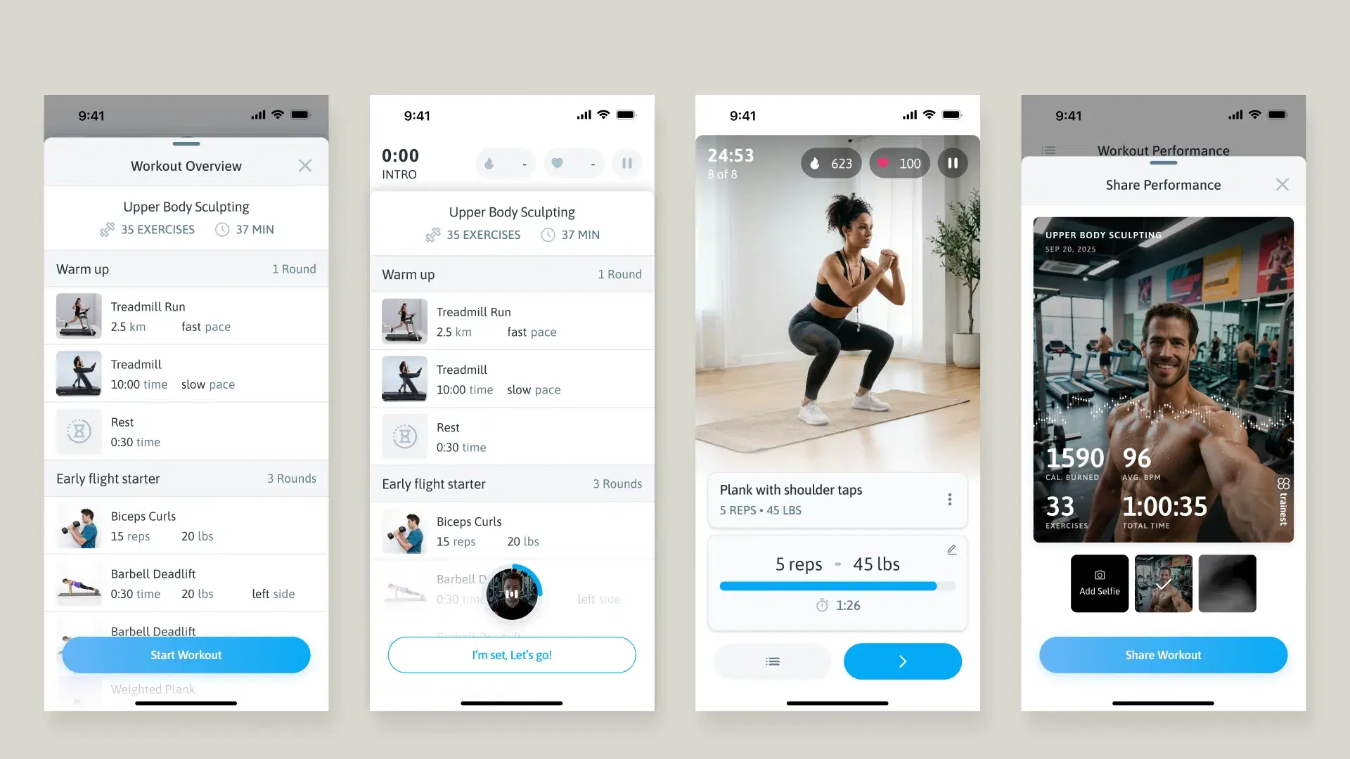 The workout flow on four screens: the overview, the intro, an exercise in progress and the Share Performance card