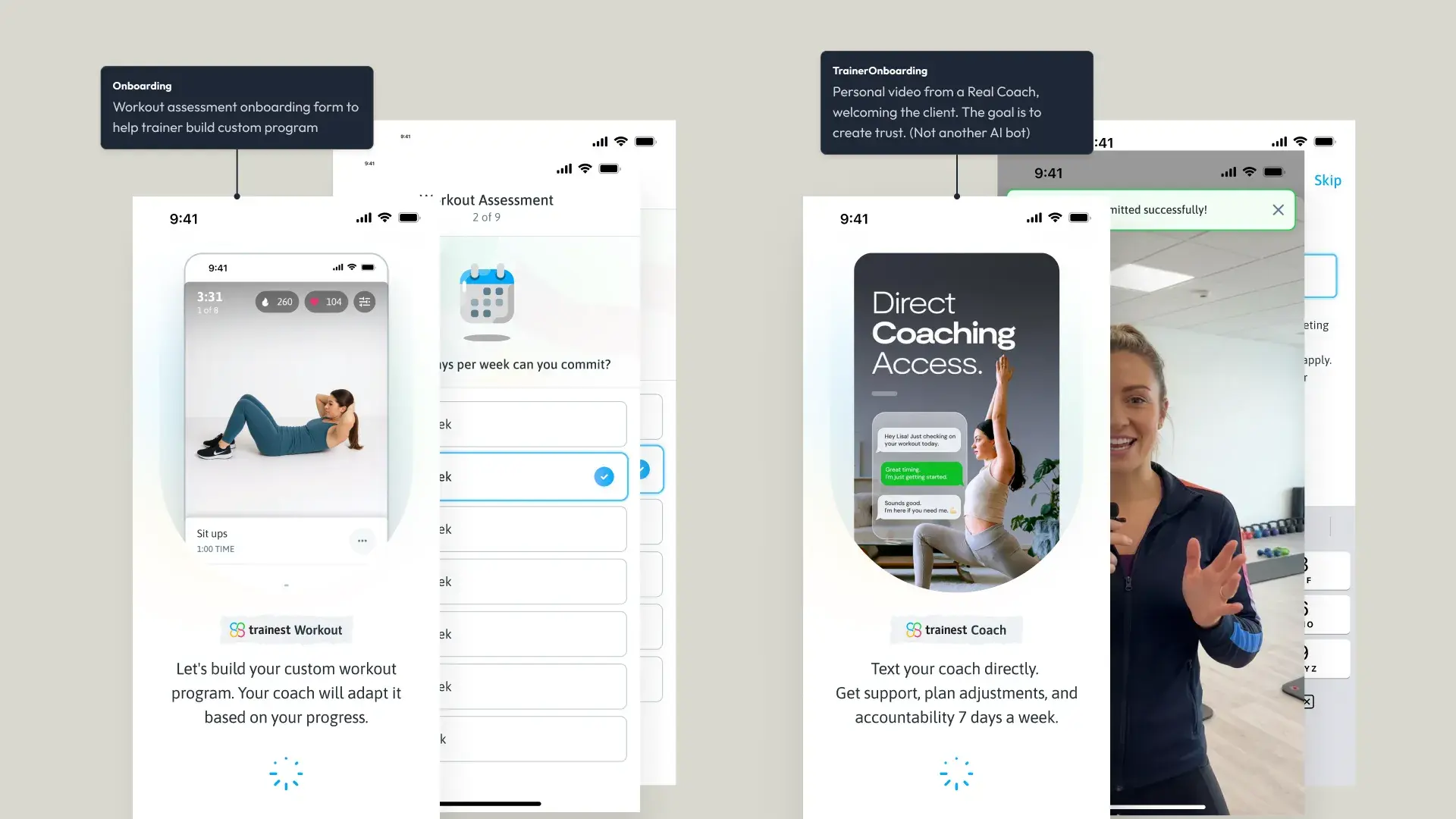 Onboarding screens: the trainest Workout splash, the workout assessment, the trainest Coach splash and a welcome video from a real coach