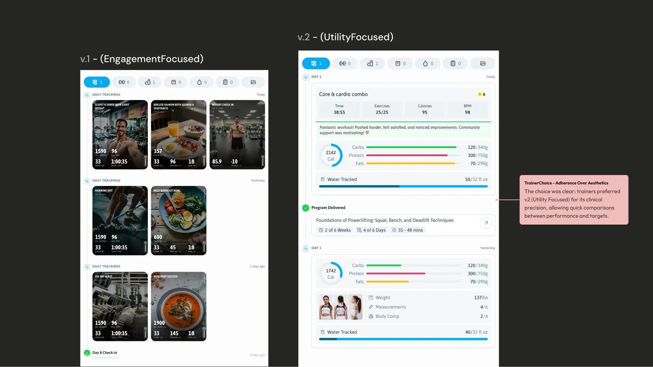 Two versions of the client timeline: v1, an engagement-focused photo feed, and v2, the utility-focused view trainers chose