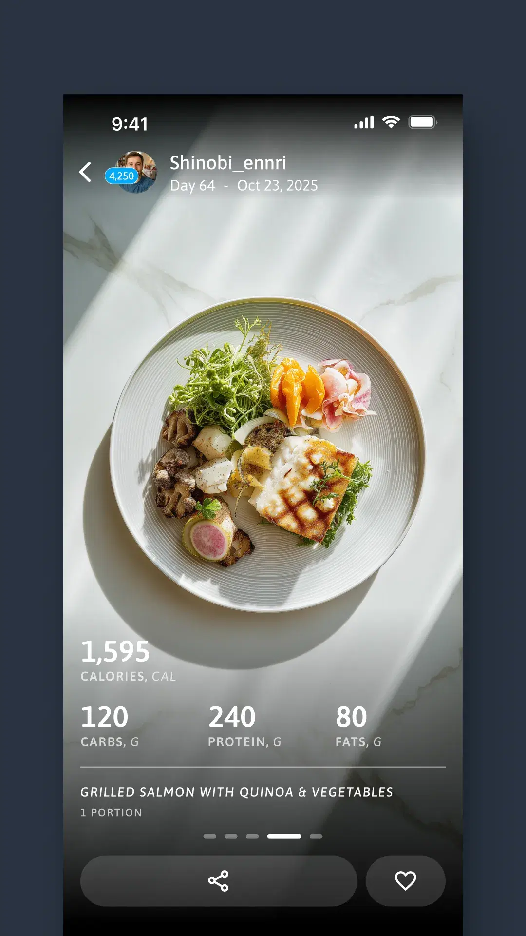 A meal highlight: a plate of grilled salmon and vegetables overlaid with its calories, carbs, protein and fats