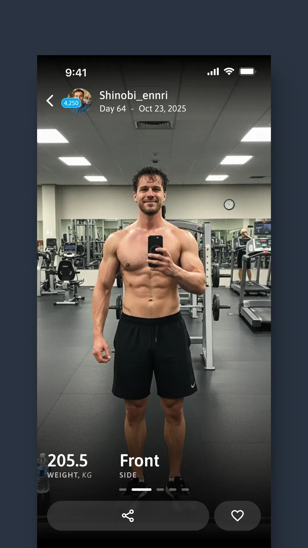 A progress check-in highlight: a mirror selfie at the gym with the logged weight overlaid