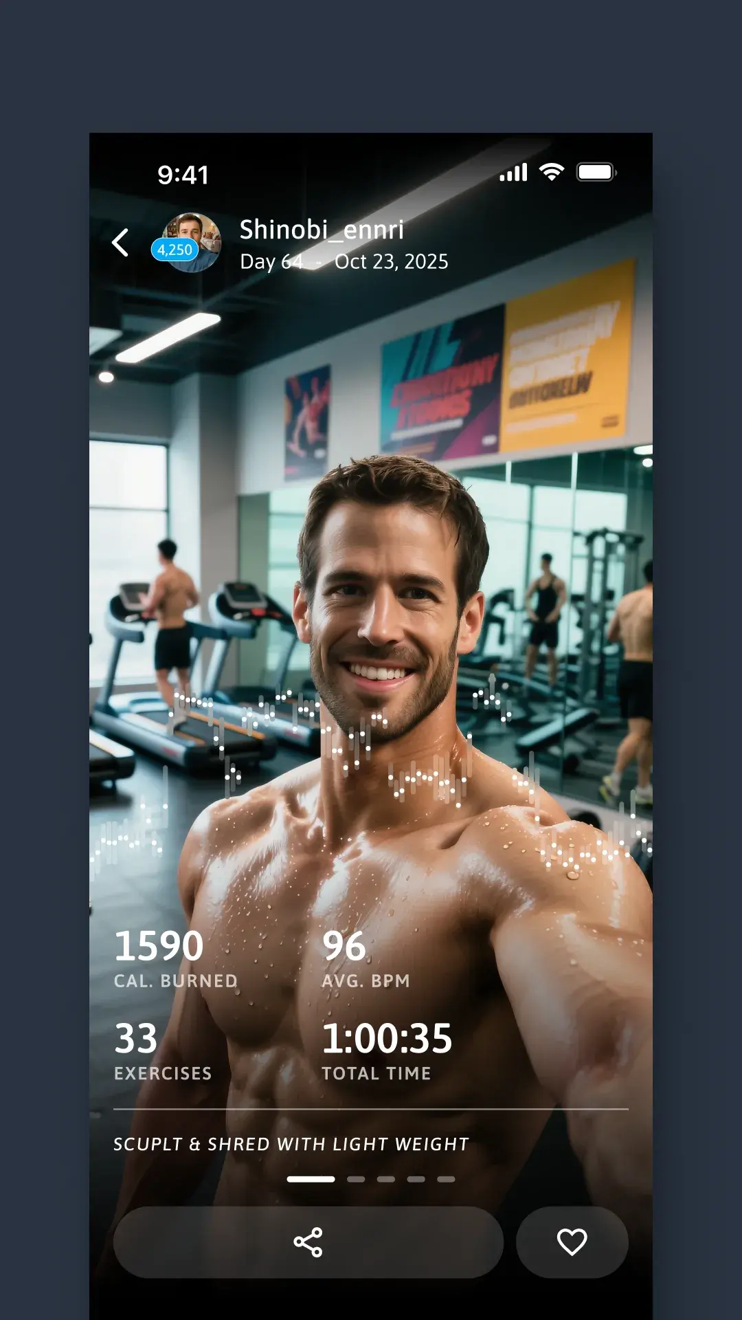 A full-screen workout highlight: a gym selfie overlaid with calories burned, average heart rate, exercises and total time